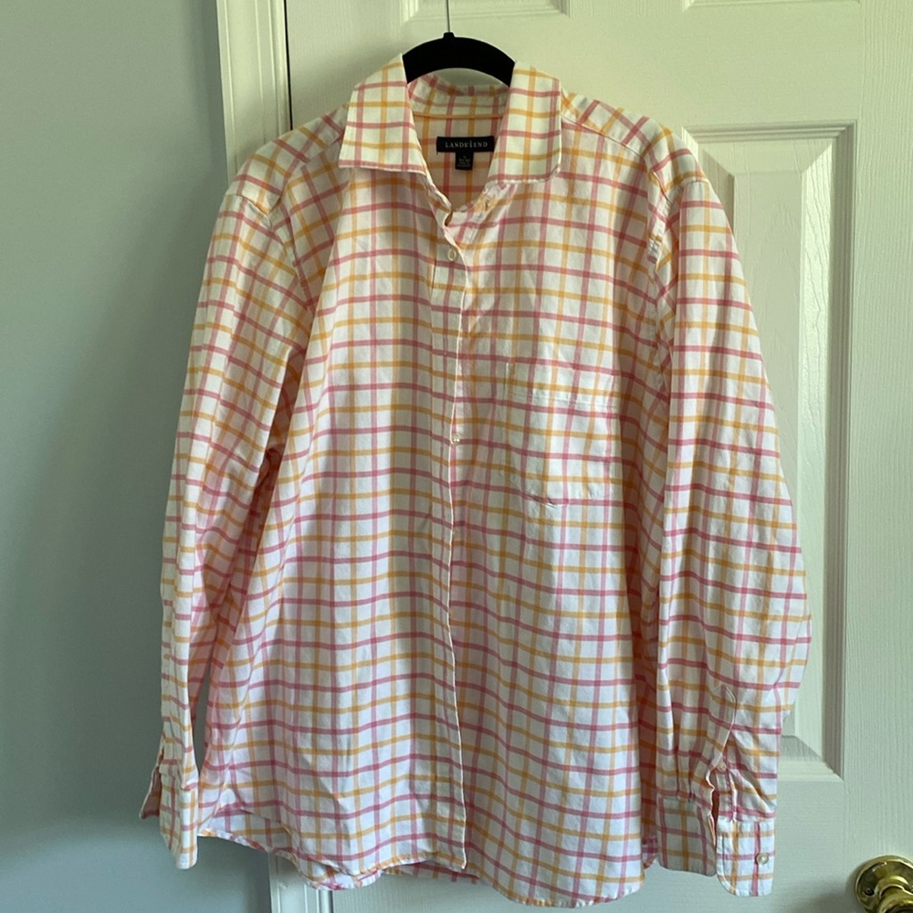 Lands' End Womens Button Front Shirt Pink Orange Plaid Size 1X 16/18W